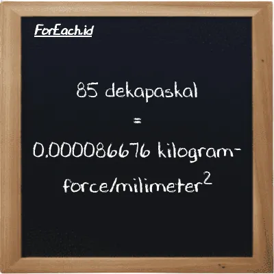 85 dekapaskal setara dengan 0.000086676 kilogram-force/milimeter<sup>2</sup> (85 daPa setara dengan 0.000086676 kgf/mm<sup>2</sup>)